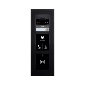 Black intercom system with a camera, buttons for contacts, call, unlock, and a card reader.