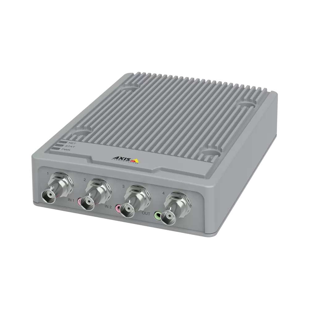 Gray industrial device with four BNC connectors, likely for video input.