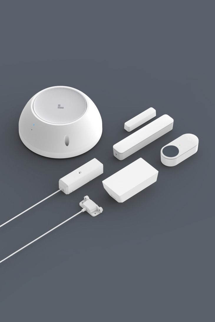 White home security devices, including a hub, door/window sensors, and a button, on gray background.