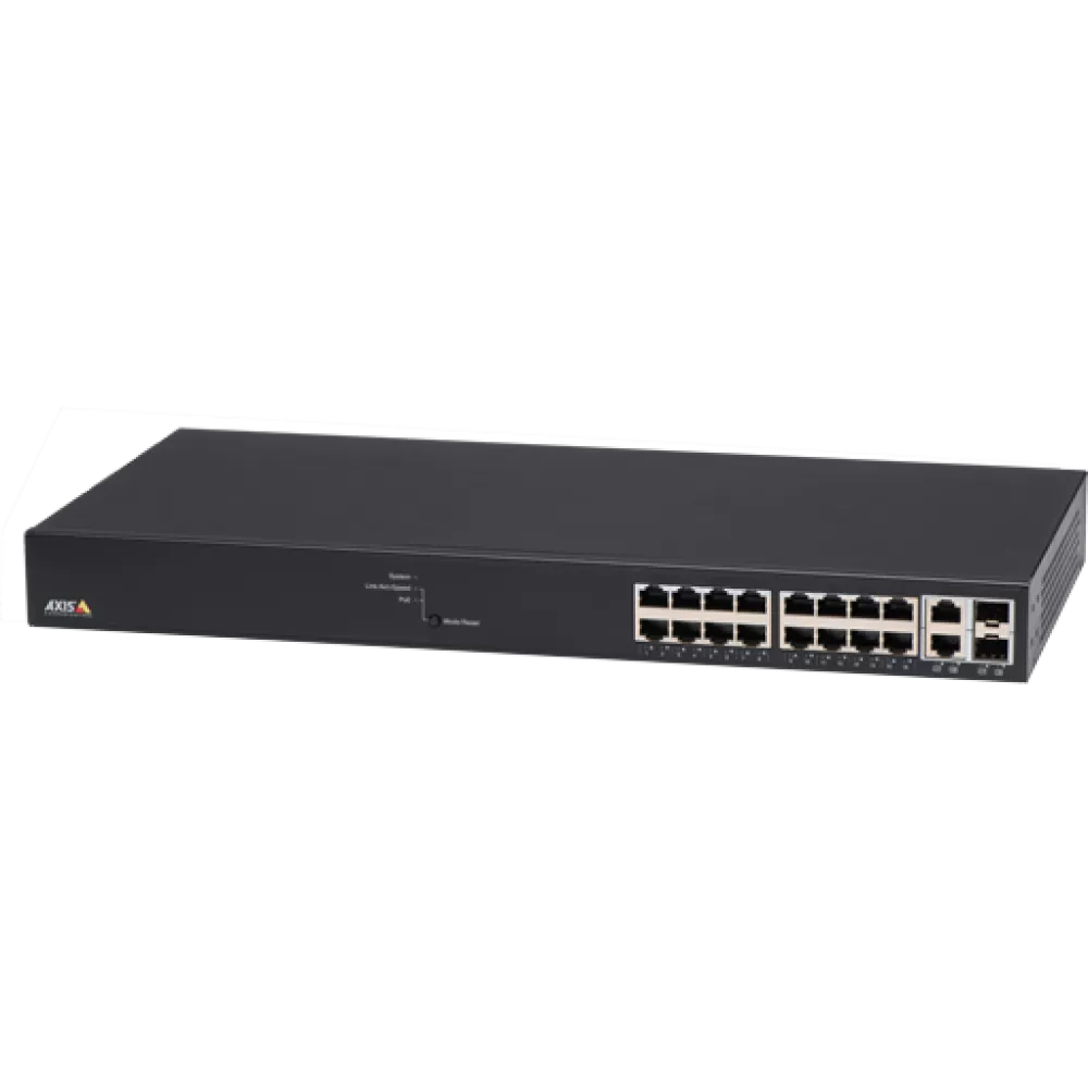 Black network switch with 16 ports.