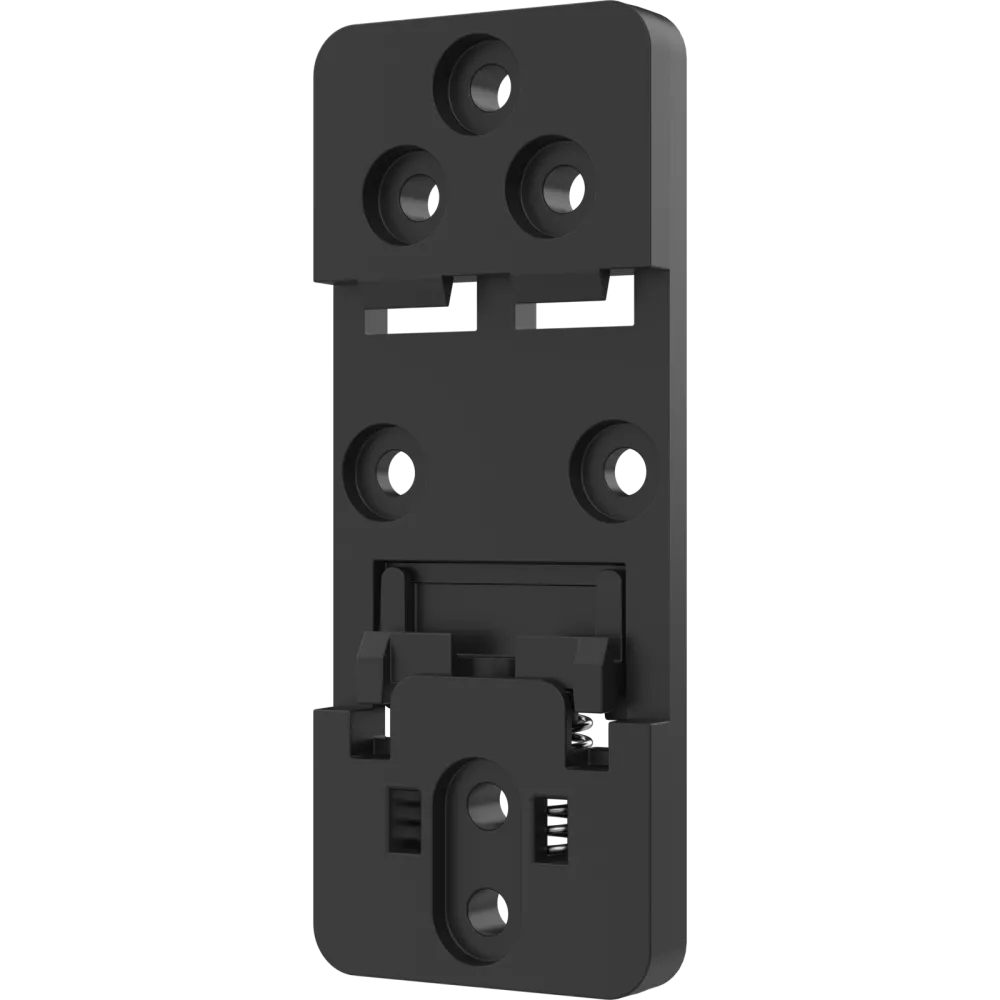 Black plastic mounting bracket with multiple holes and slots.