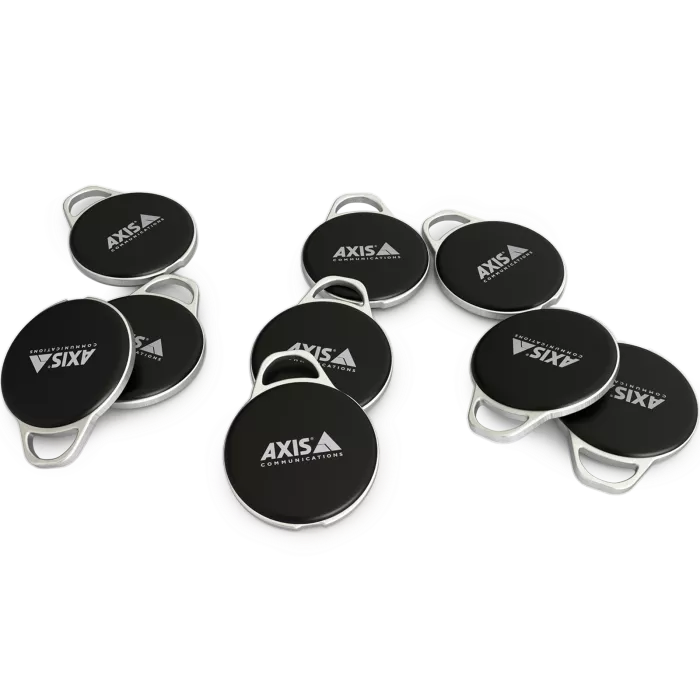 Nine black circular tags with silver loops, branded with 