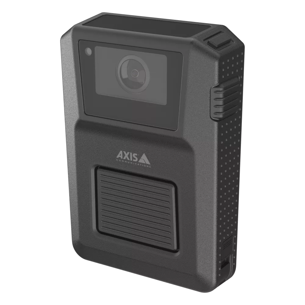 Black, rectangular body camera with a prominent lens, logo, and textured casing.
