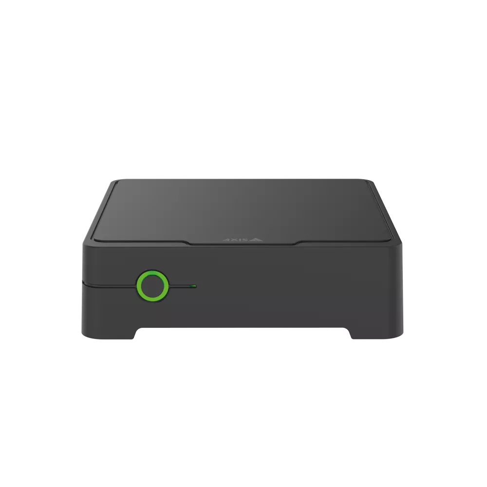 Black box with green power button.