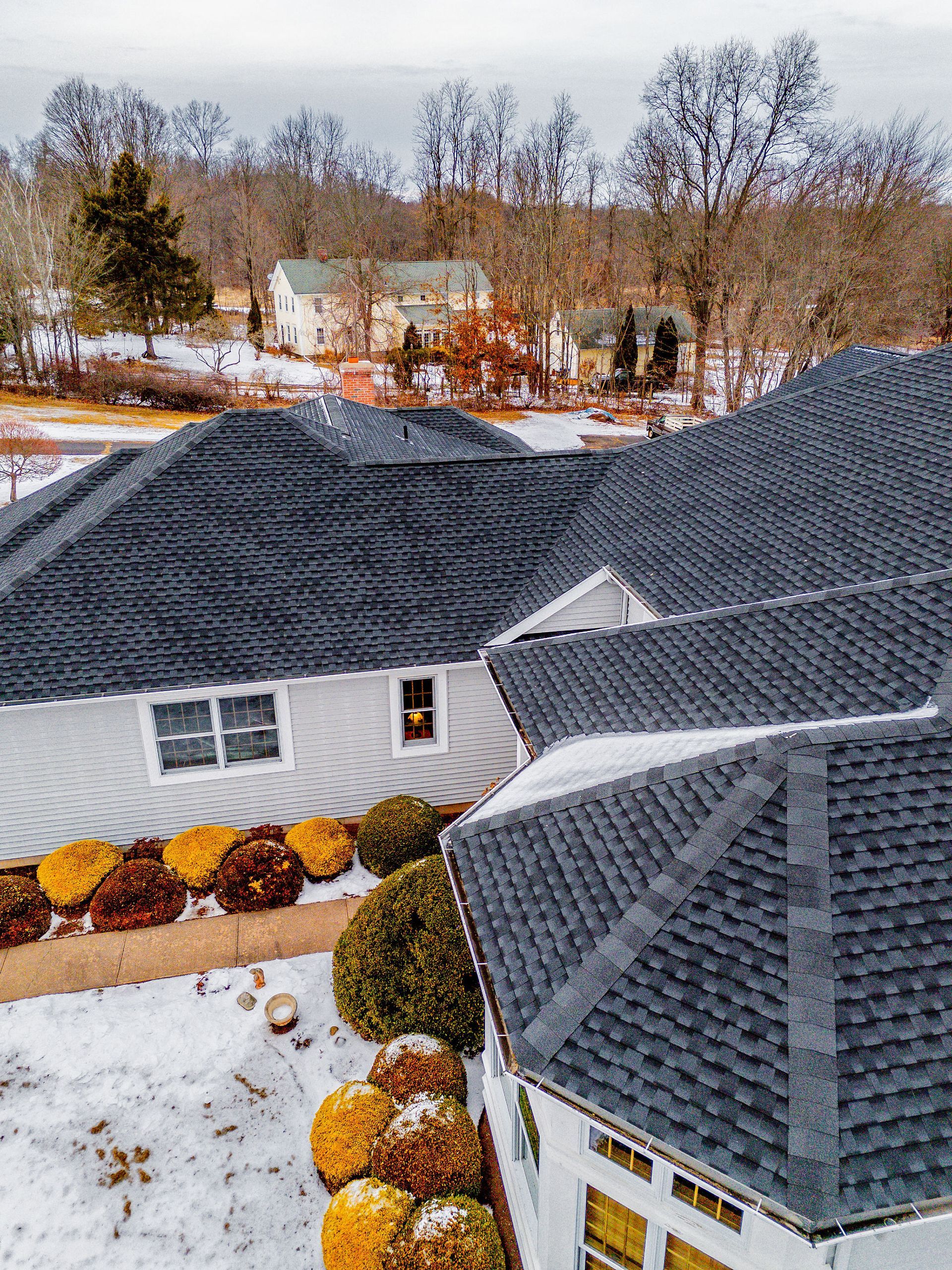 Gray roofed house with snow-covered yard; yellow and green bushes, other houses in the background.