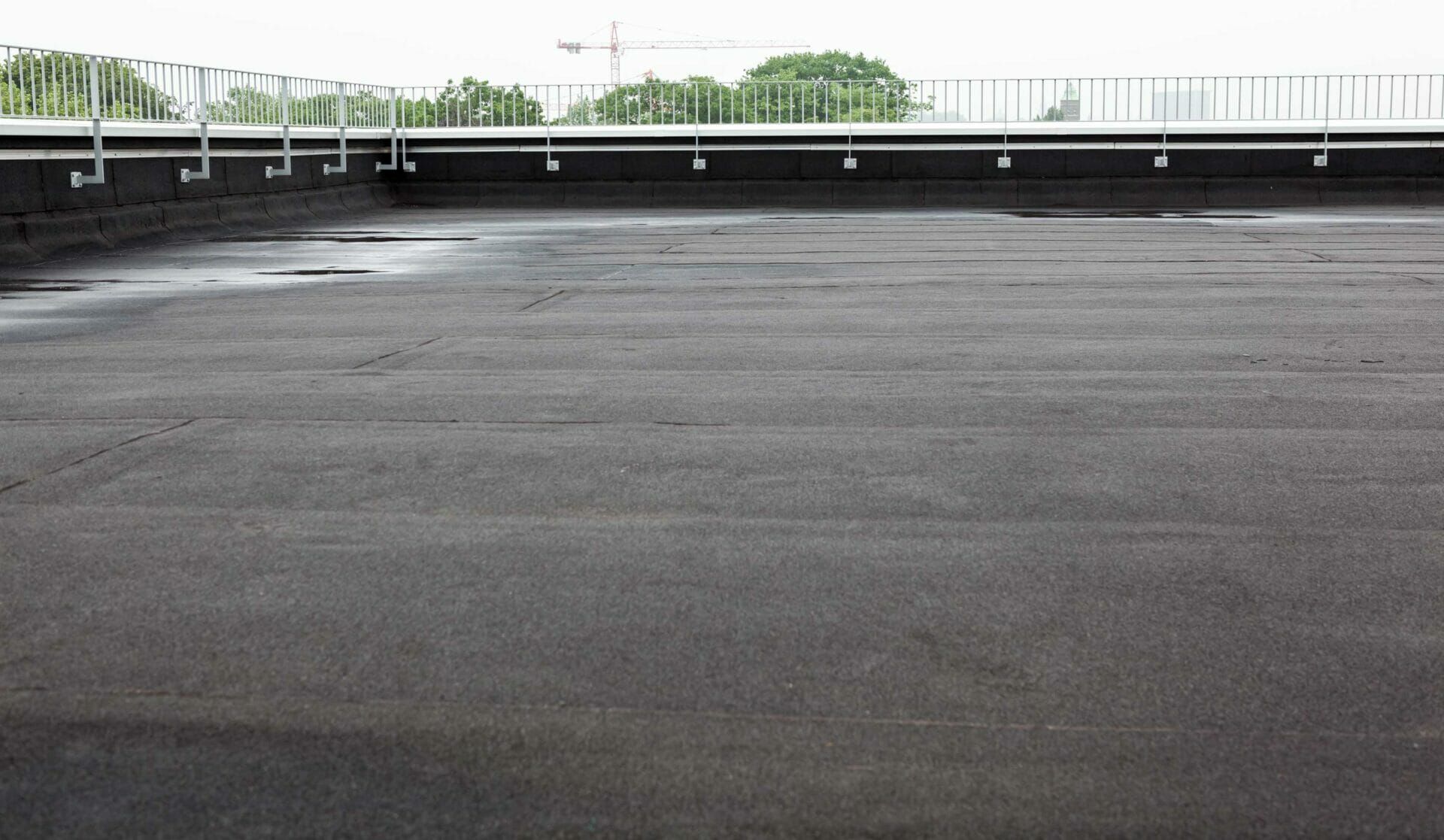 An empty rooftop with a railing and trees in the background