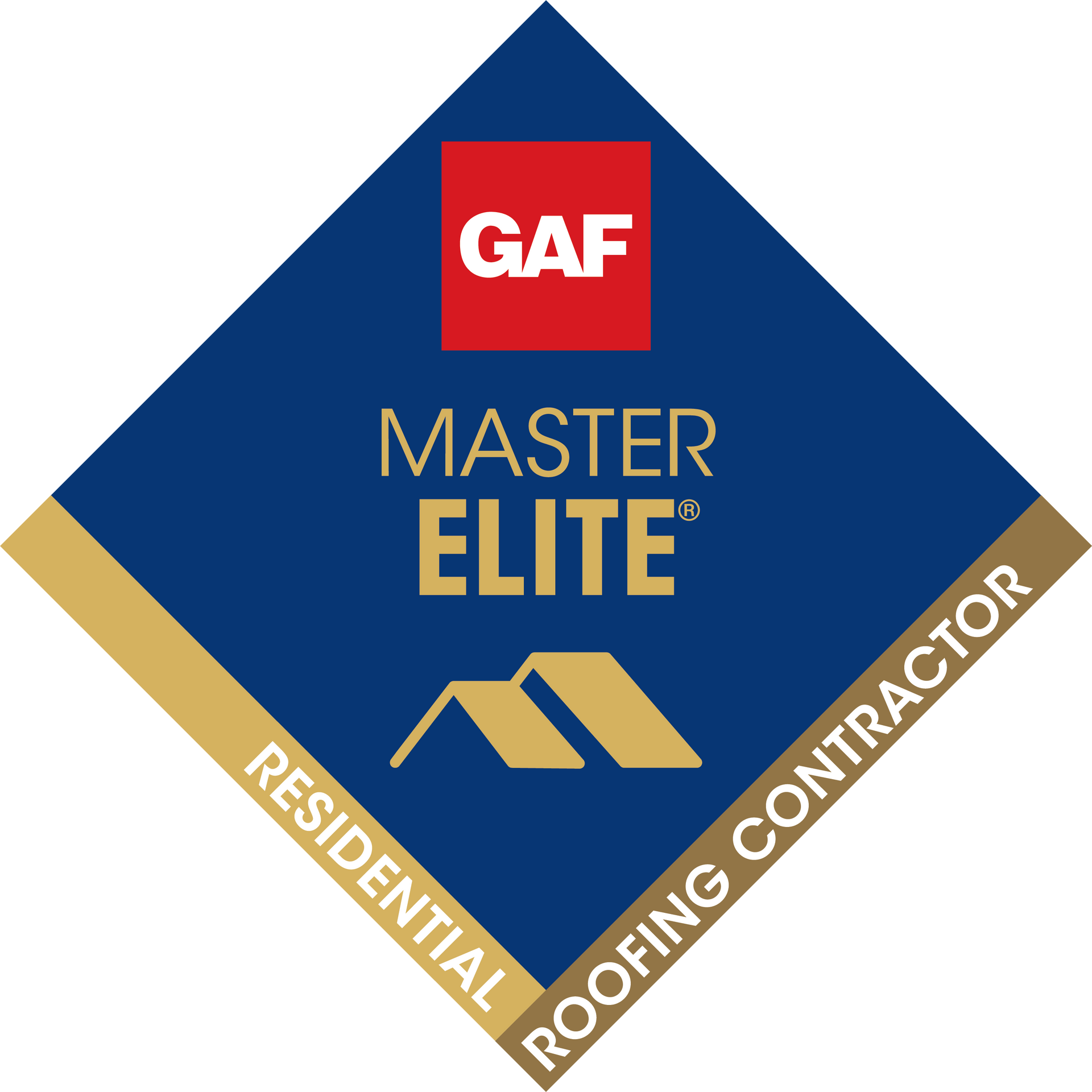 GAF Master Elite Residential Roofing Contractor badge with blue, gold, and red elements.