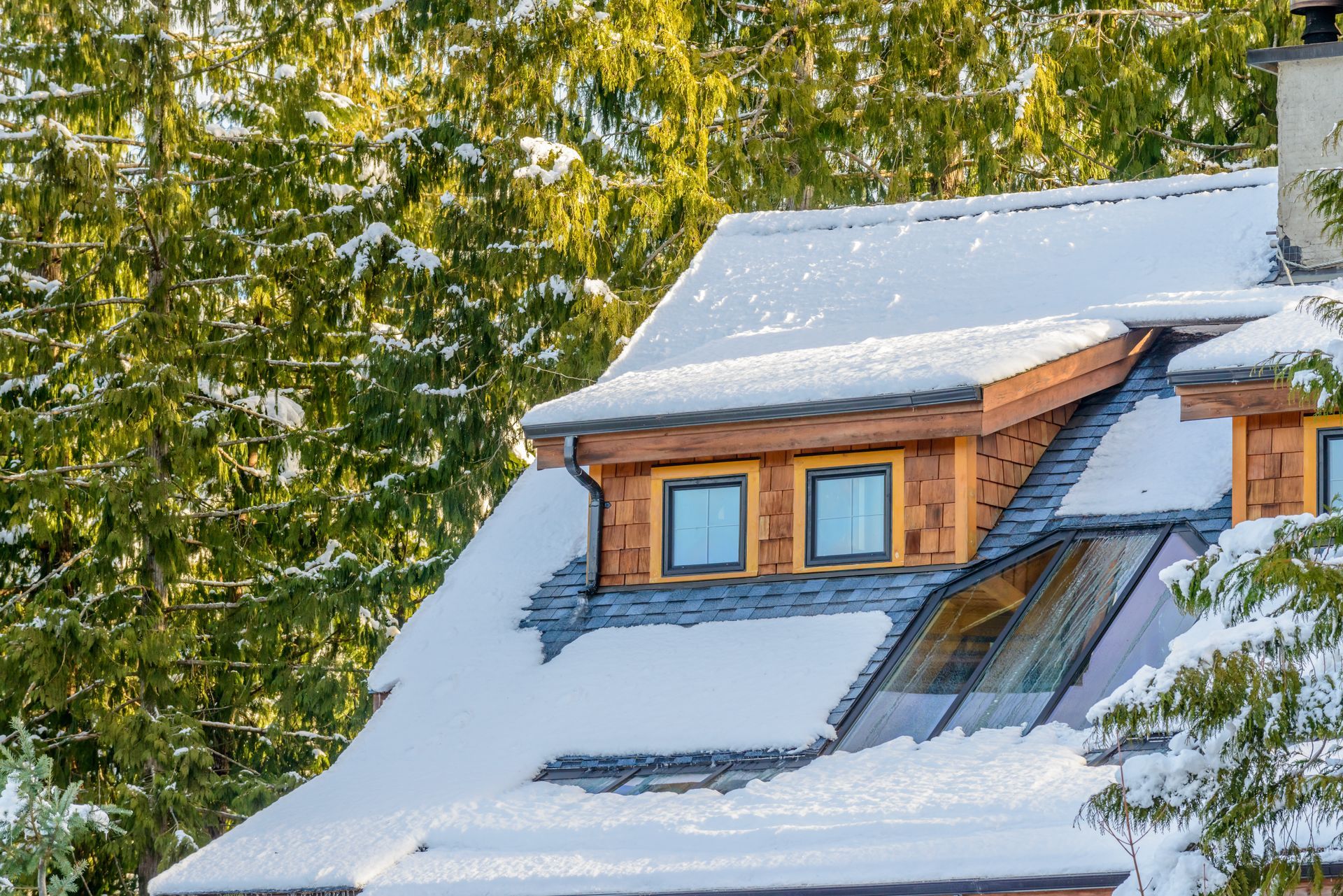 Snow-covered roof of a house with small windows, surrounded by evergreen trees.