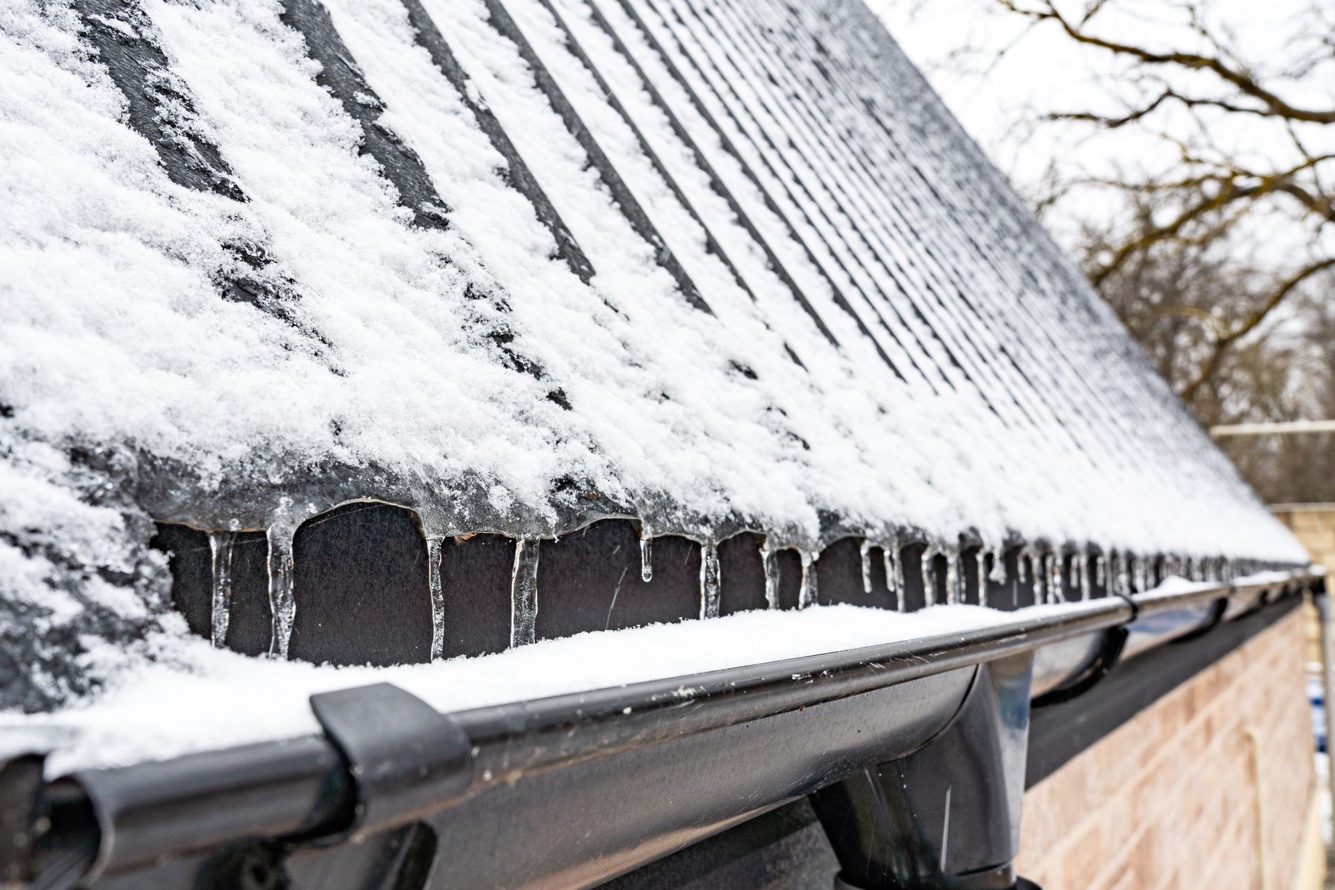 Snow-covered corrugated metal roof with icicles hanging over a black gutter.