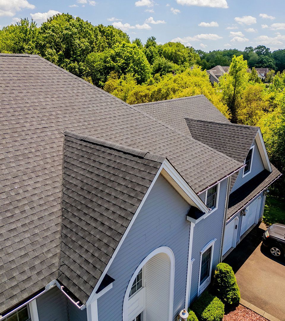 Blue house with dark gray roof, surrounded by trees under a blue sky.