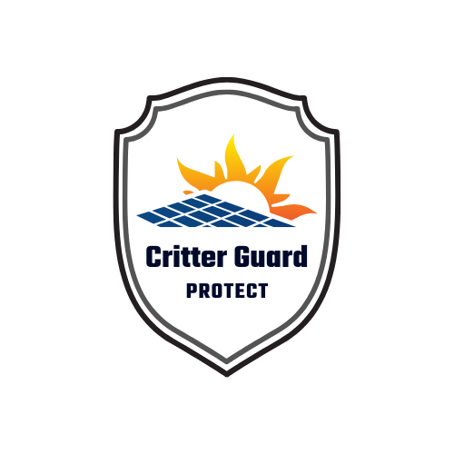 The logo for critter guard protect is a shield with a sun and solar panels on it.