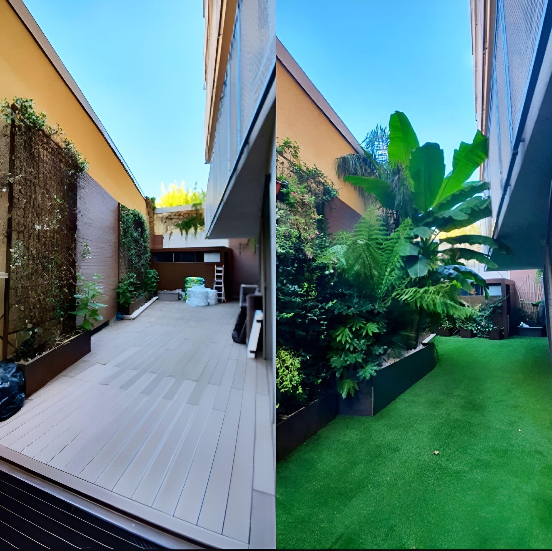 Due immagini affiancate che mostrano uno stretto spazio esterno. Una ha una terrazza in legno e una parete verde, l'altra ha erba sintetica e piante rigogliose.