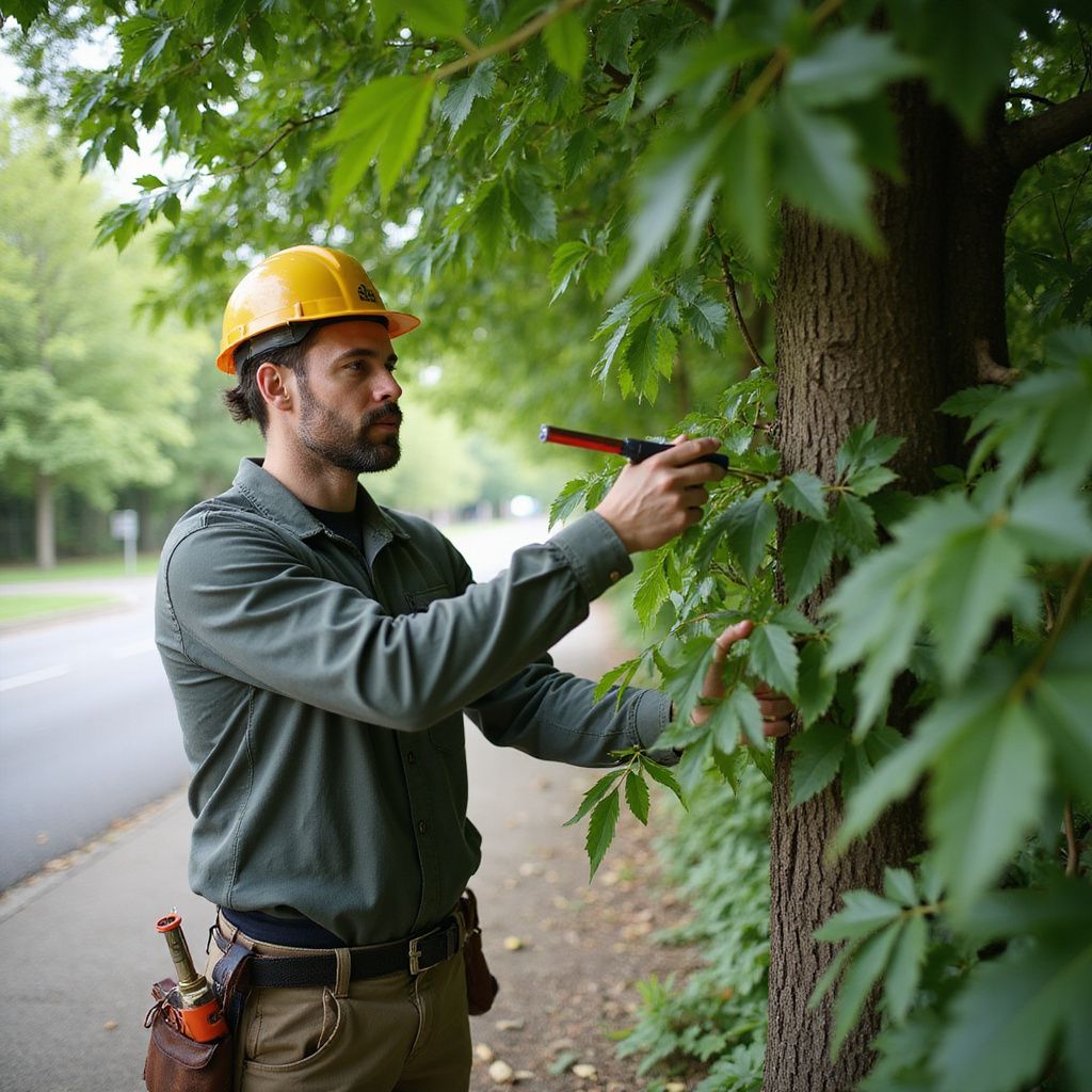 Certified arborist assesses tree