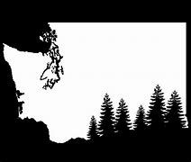 Black-and-white silhouette of pine trees and a cliff against a bright sky
