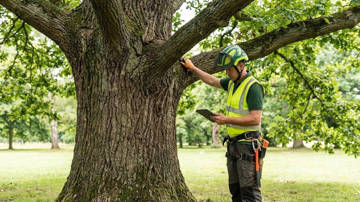 ISA Certified Arborist performing a professional tree inspection and structural condition assessment on a mature tree in Seattle, Washington.