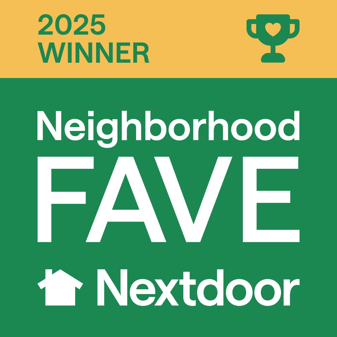 Neighborhood FAVE award from Nextdoor, winner in 2025. Green and gold colors, trophy icon.