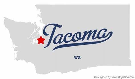 Map of Washington state highlighting Tacoma with a red star.
