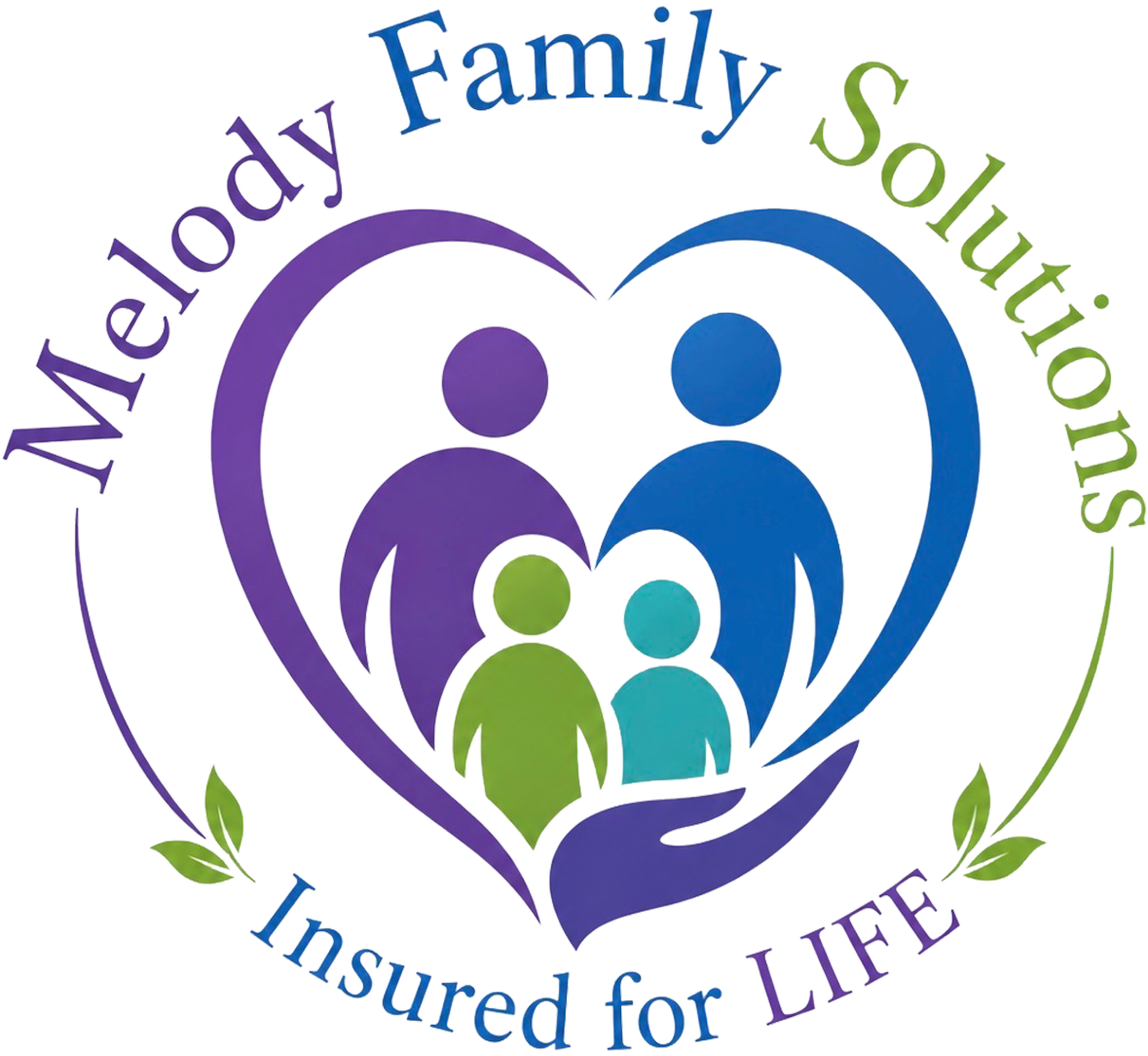 Melody Family Solutions logo with family figures in a heart and “Insured for LIFE” text