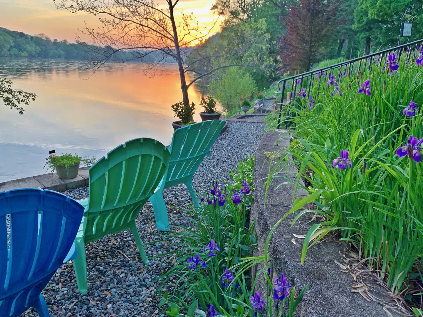 A row of chairs are sitting on the shore of a lake at sunset.