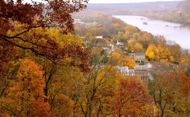 A view of a river surrounded by trees in autumn