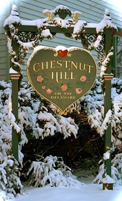 A chestnut hill sign is covered in snow