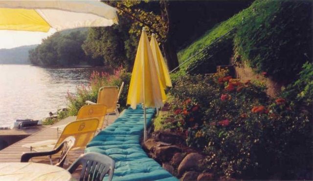 A row of chairs and umbrellas are sitting next to a body of water