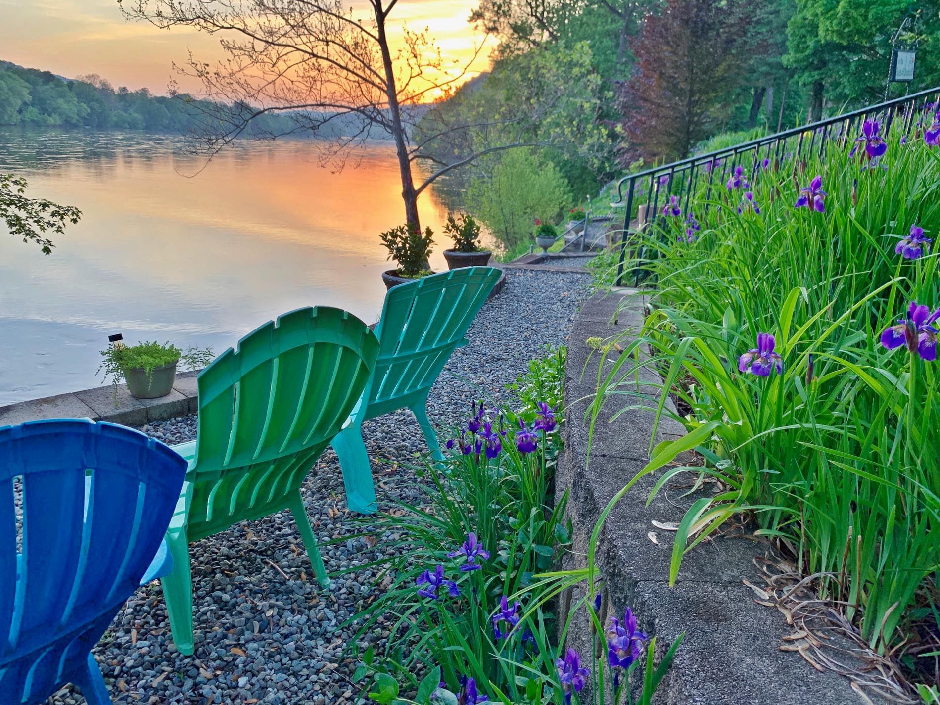 A row of lawn chairs are sitting next to a lake at sunset.