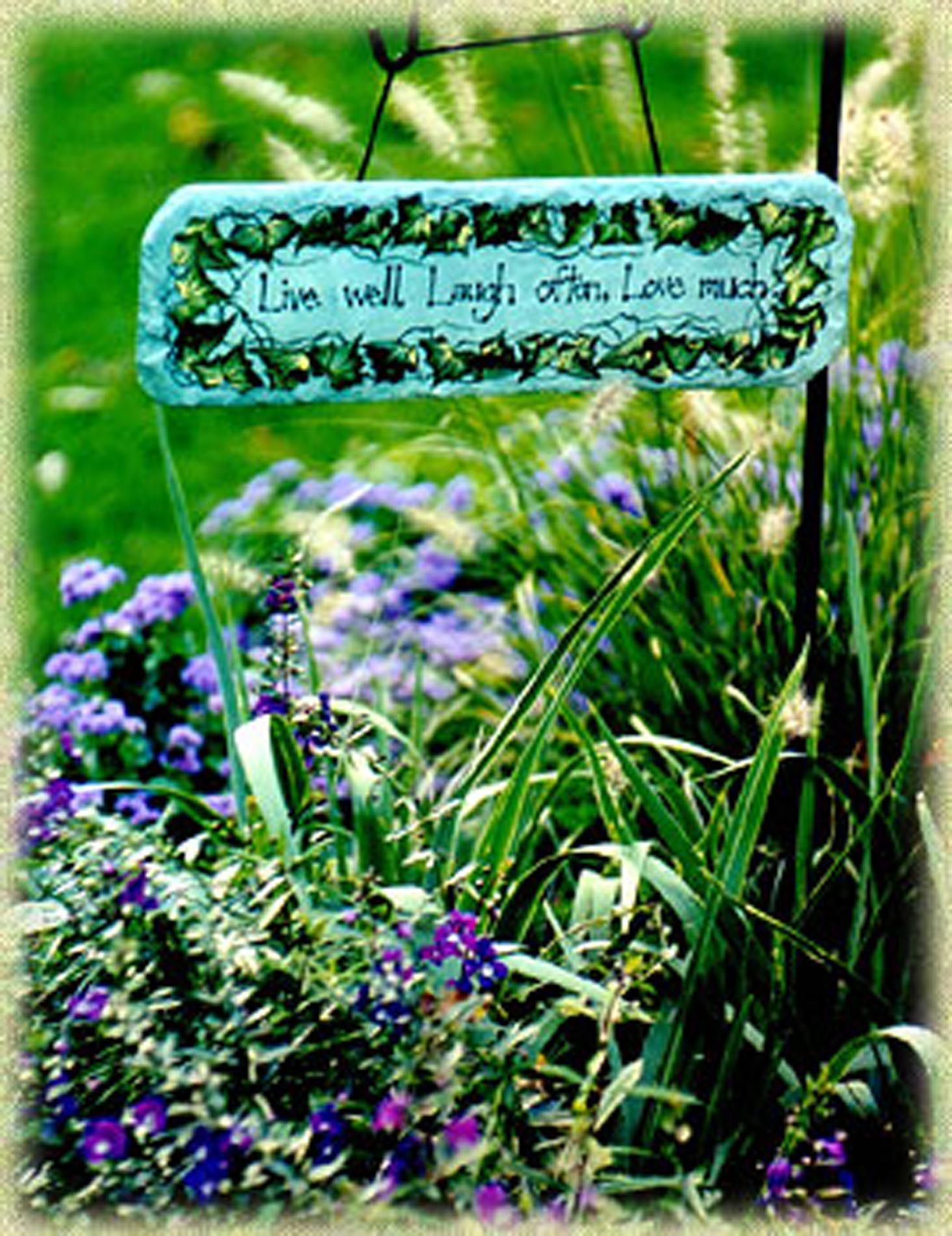 A garden with purple flowers and a sign that says live well laugh often love much