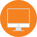 A light gray computer monitor icon centered on a bright orange circular background.