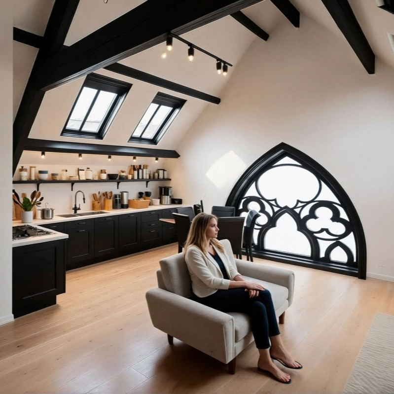 A person sits in a gray armchair in a modern kitchen with black cabinets, vaulted ceilings, and a gothic-style window.