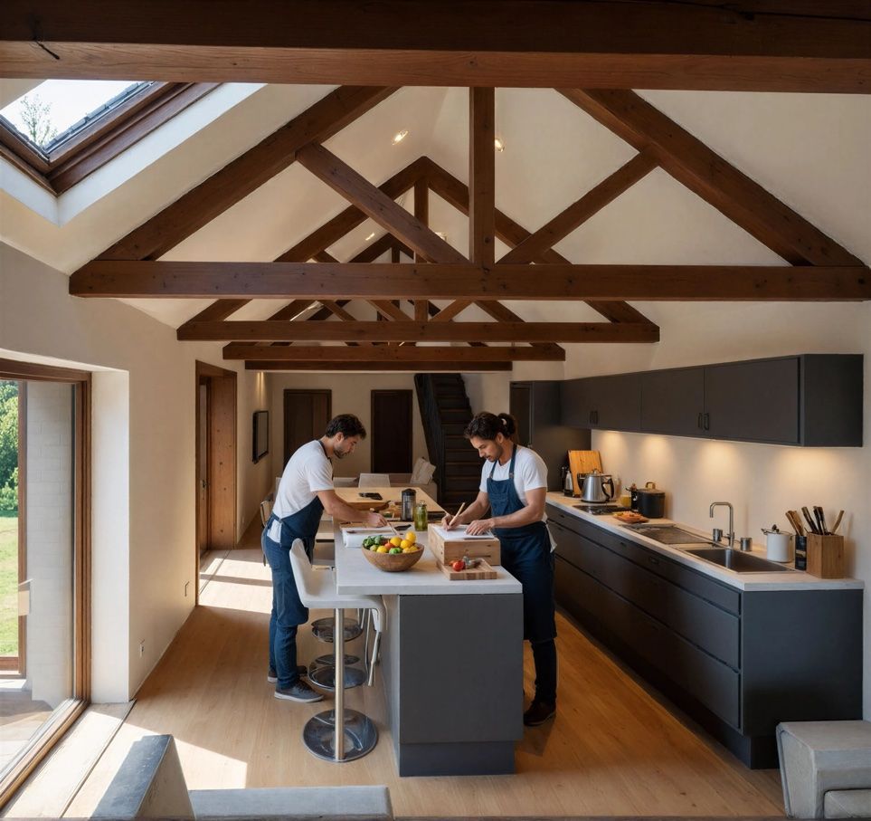 Two people in aprons work in a modern kitchen with high vaulted wood-beam ceilings and dark gray cabinetry.