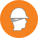 A white silhouette of a person wearing a hard hat inside an orange circle.
