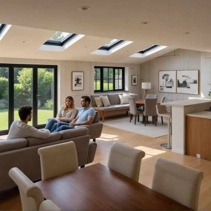 A sunlit open-plan living and dining room with a sofa, kitchen island, dining table, and skylights.