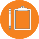 A white pencil and a blank clipboard icon centered on an orange circular background.