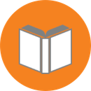 A grey, open book icon centered on a solid orange circle.