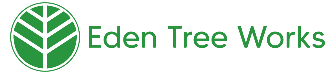 The logo for eden tree works is a green circle with a tree in the middle.