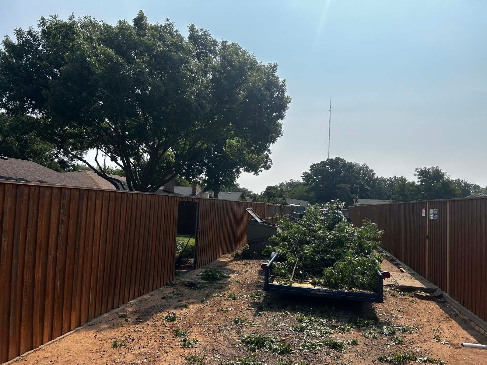 A wooden fence surrounds a dirt field with trees in the background.