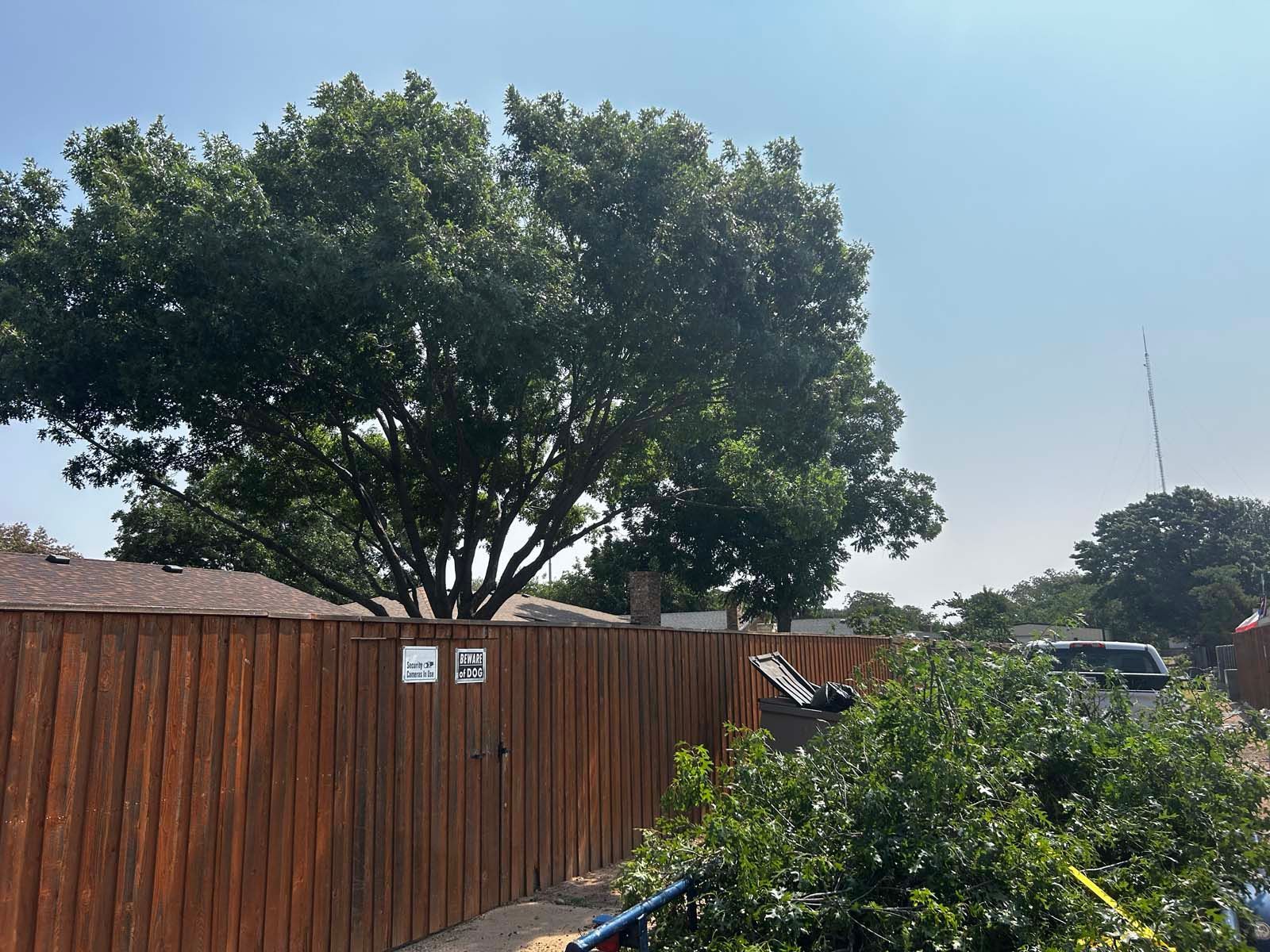 A wooden fence with a tree in the background