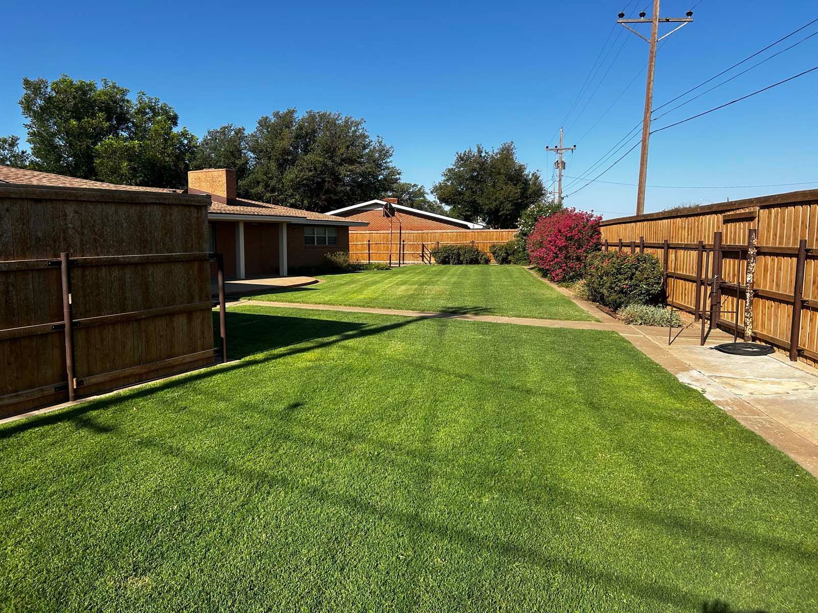 A lush green yard with a wooden fence and a house in the background