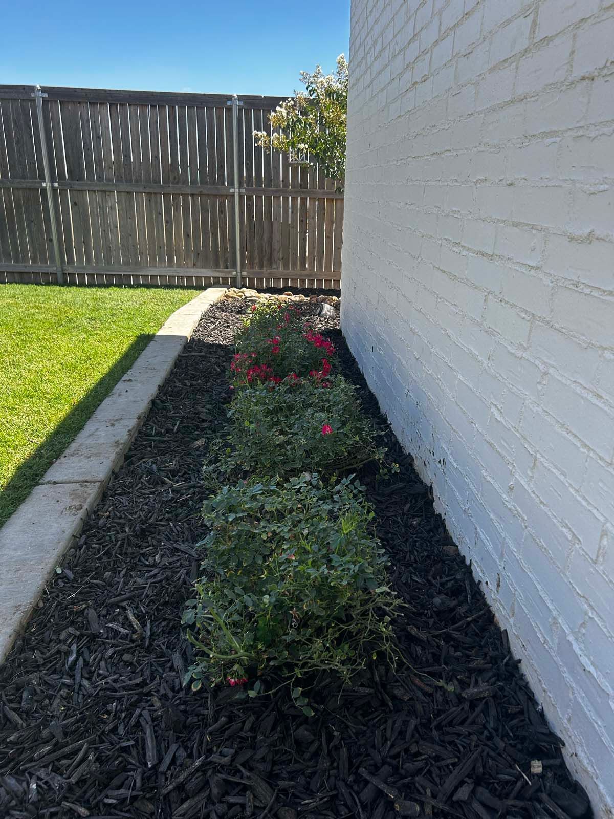 A white brick wall with a fence and a garden in front of it.