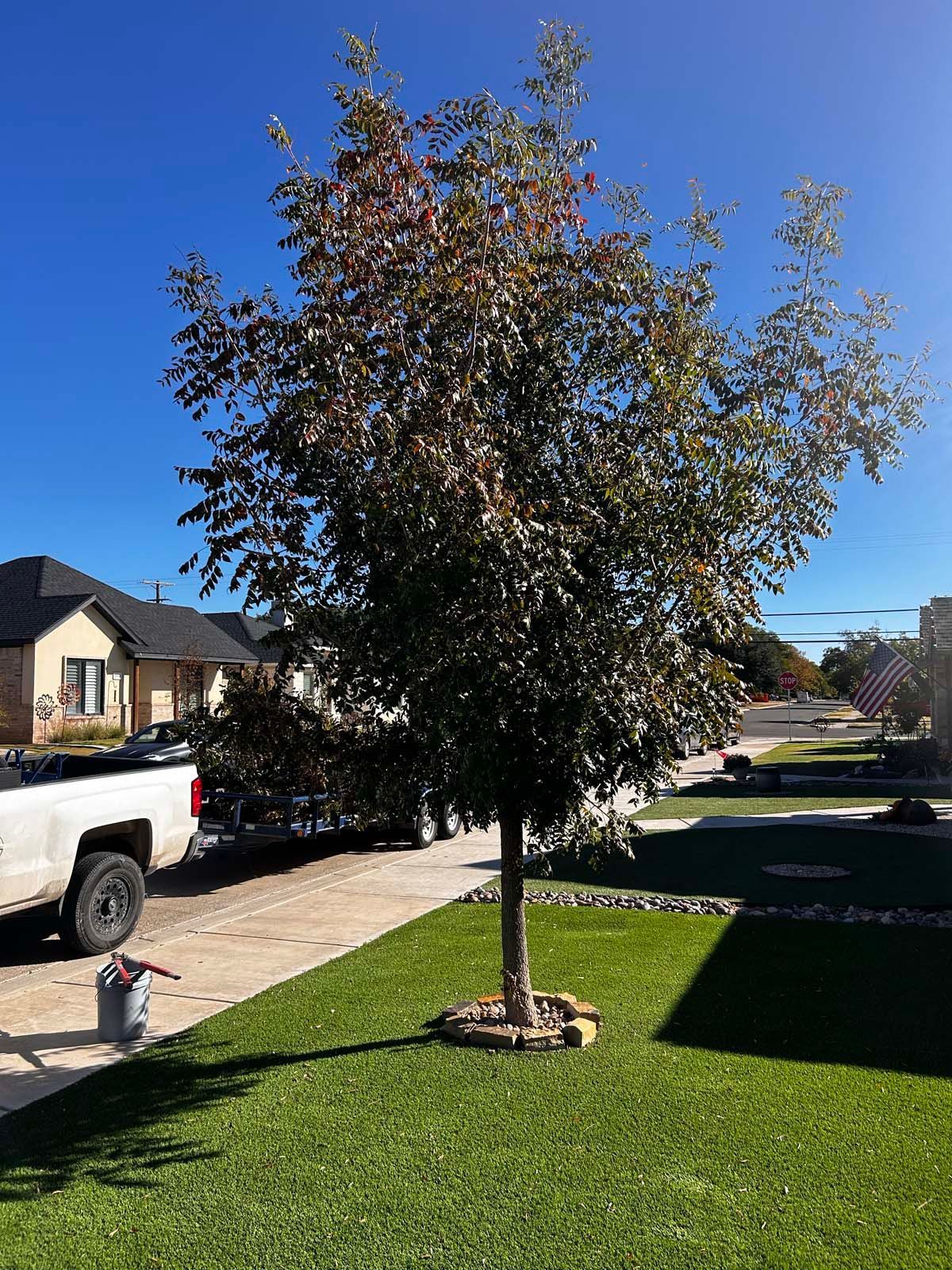 A white truck is parked on the side of the road next to a tree.