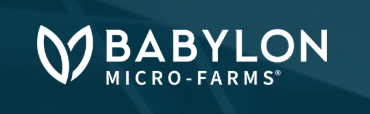 Logo for Babylon Micro-Farms with a white leaf design and white text on a teal background.