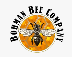 Logo for Bohman Bee Company: bee illustration centered on honeycomb, surrounded by text 
