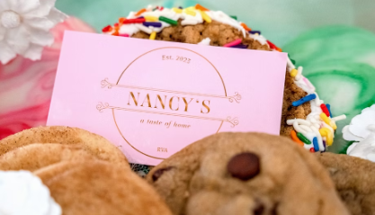 Pink business card for Nancy's cookies