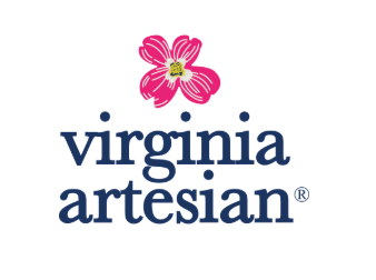 Logo for Virginia Artesian water: a pink flower above navy text.