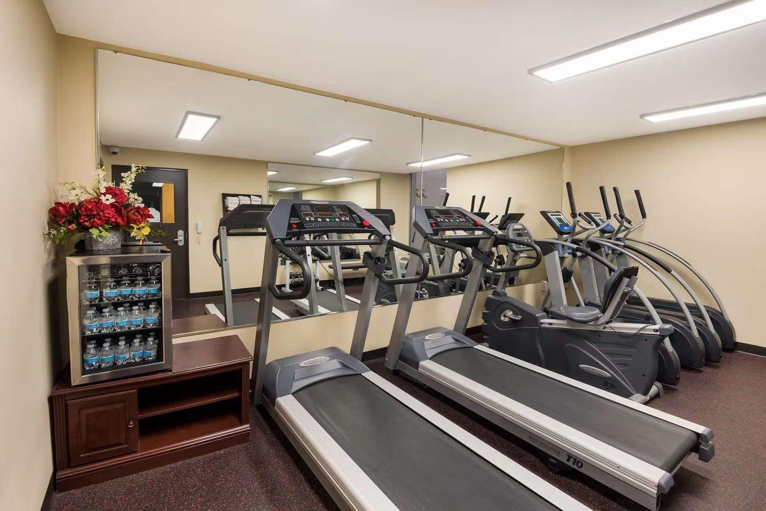 A gym with treadmills , ellipticals , and a refrigerator.
