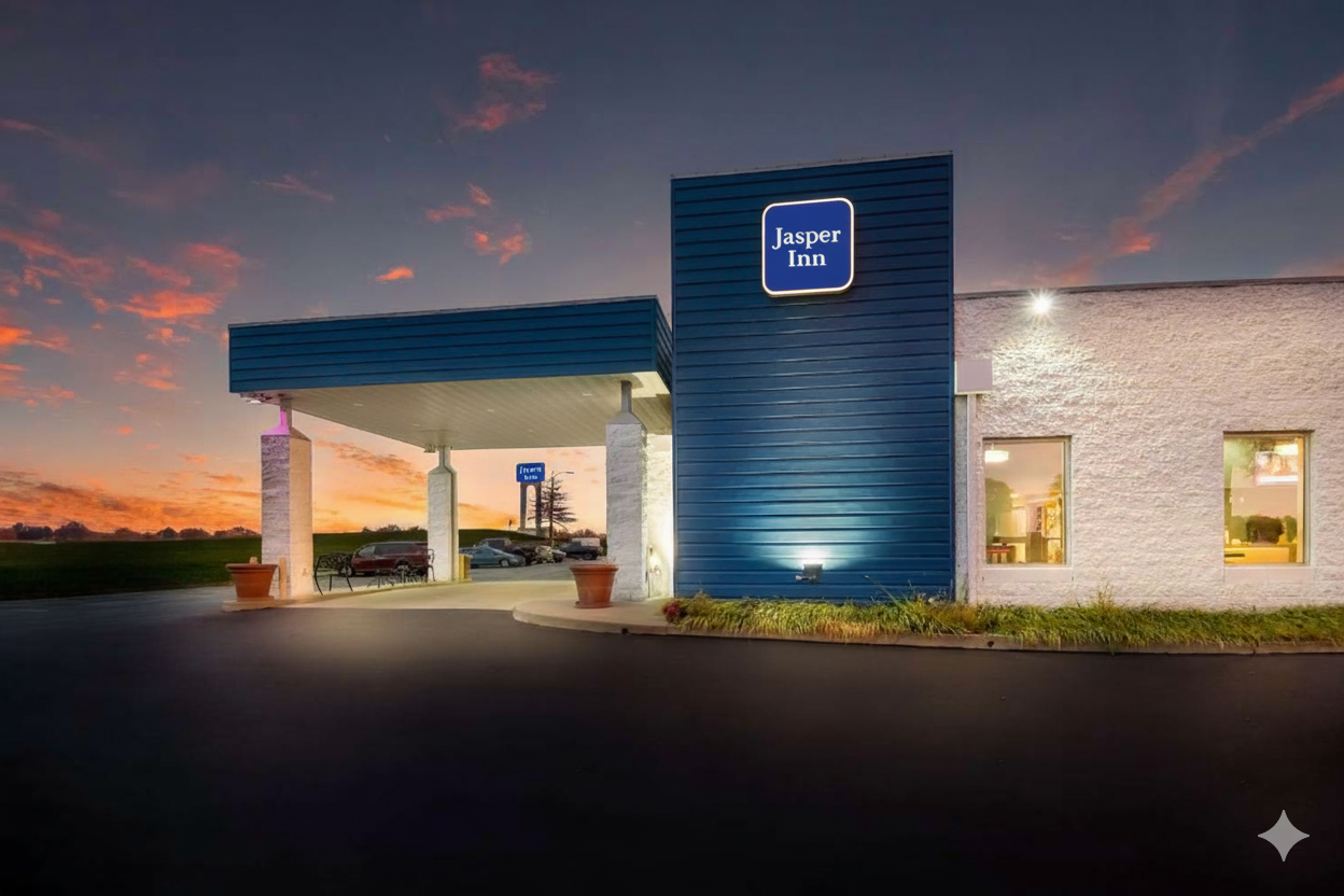Hotel exterior with blue awning and signage against a sunset sky.