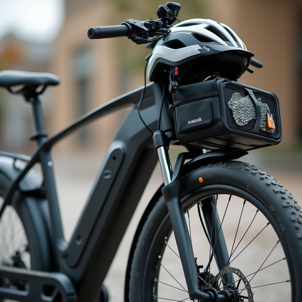 Bicicletta elettrica nera con cestino, casco e sfondo sfocato.