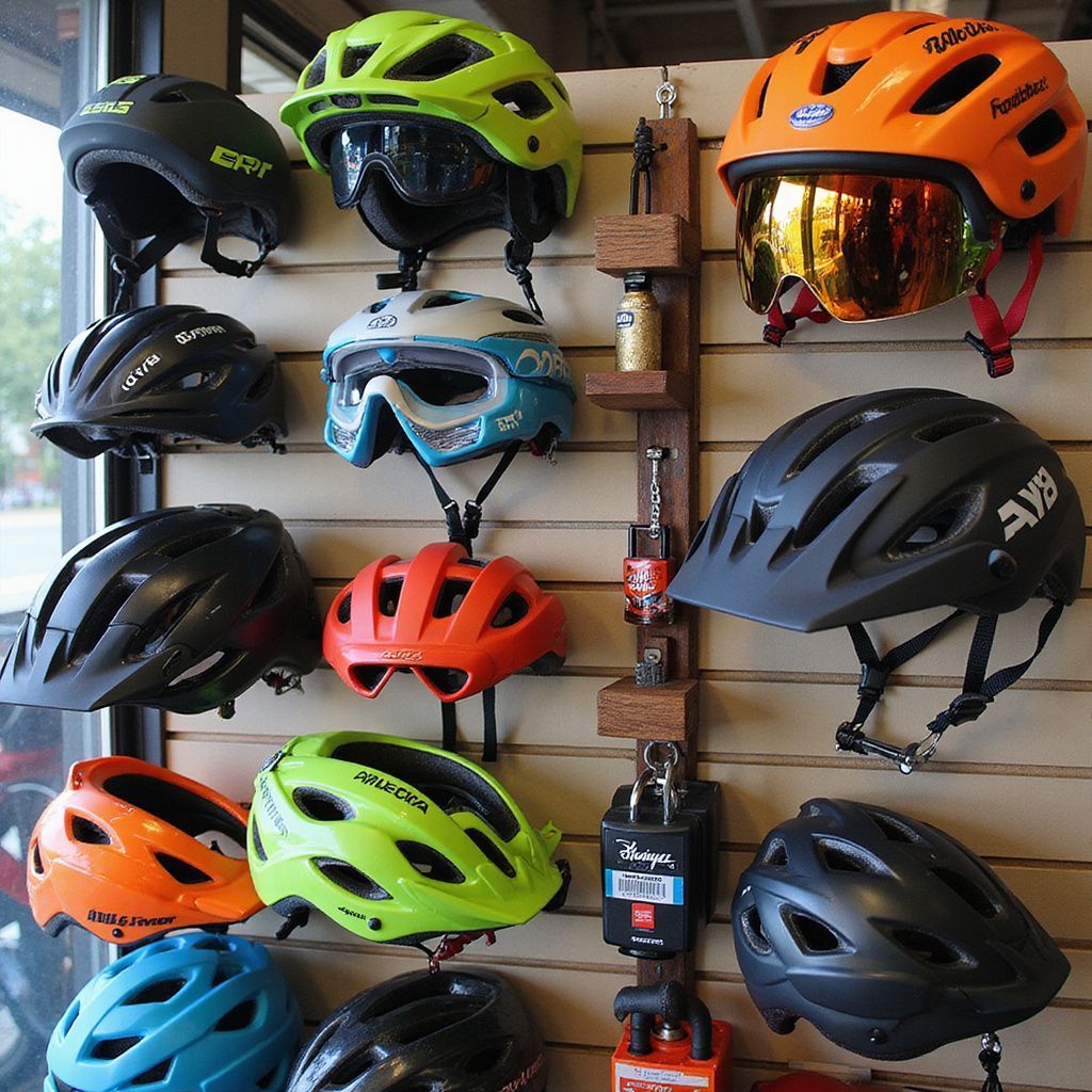 Caschi esposti, di vari colori, appesi a una parete di legno in un negozio.