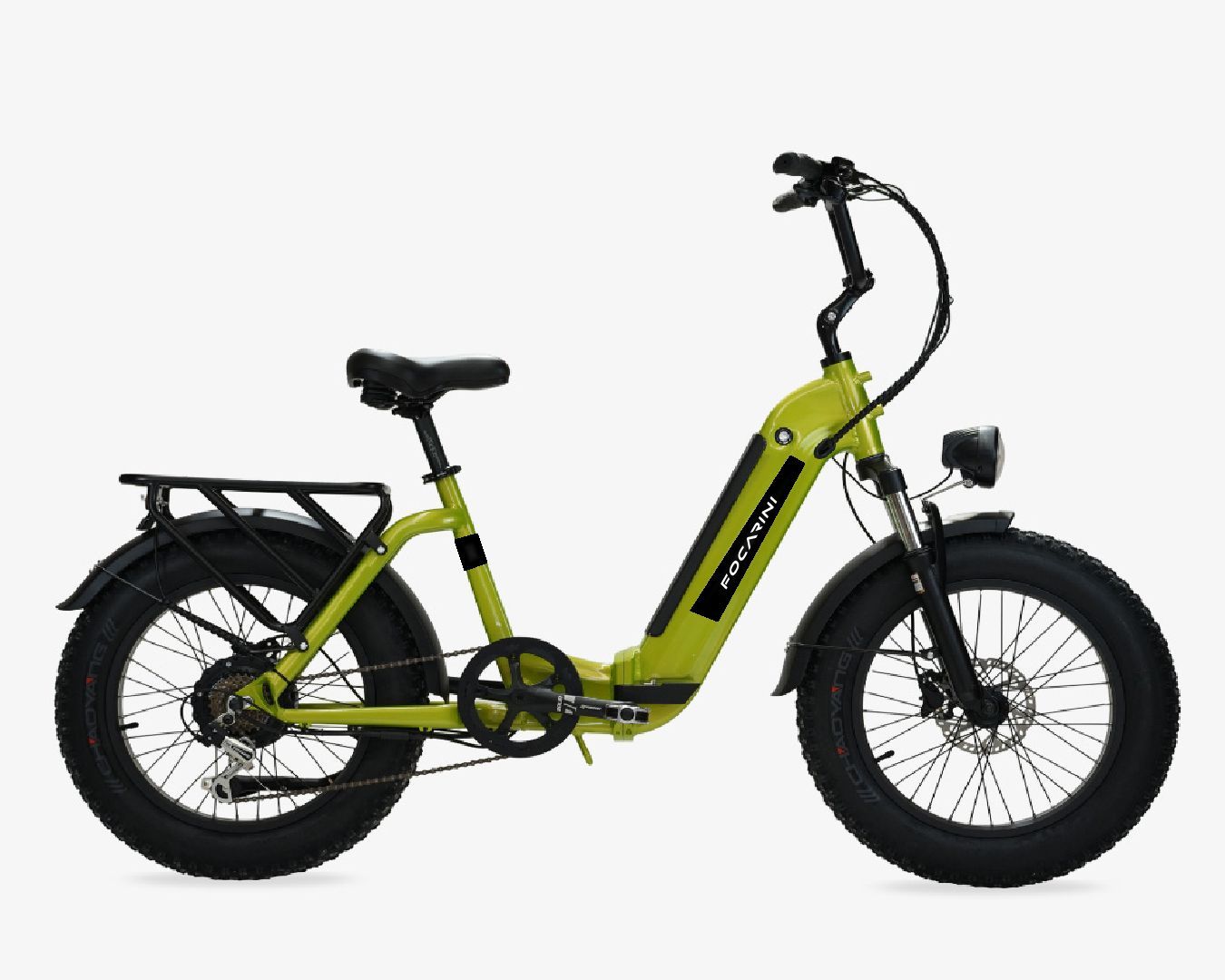 Bicicletta elettrica verde lime con pneumatici e accessori neri.